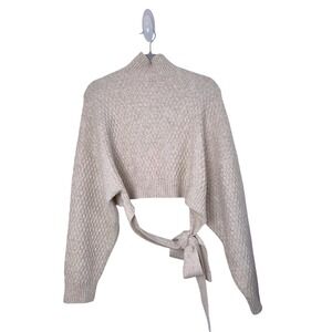 Zara Womens Medium Beige Open Back Tie Waist Cropped Mock Neck Knit Sweater